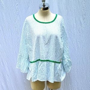 Ladies crown & ivy top,textured white cotton w green polka dots,flutter sleeves
